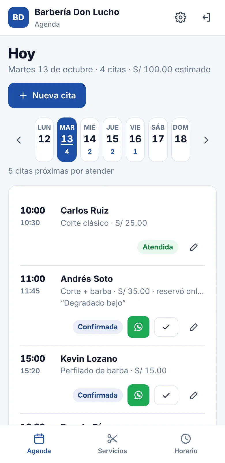 Agenda del día con las citas del negocio