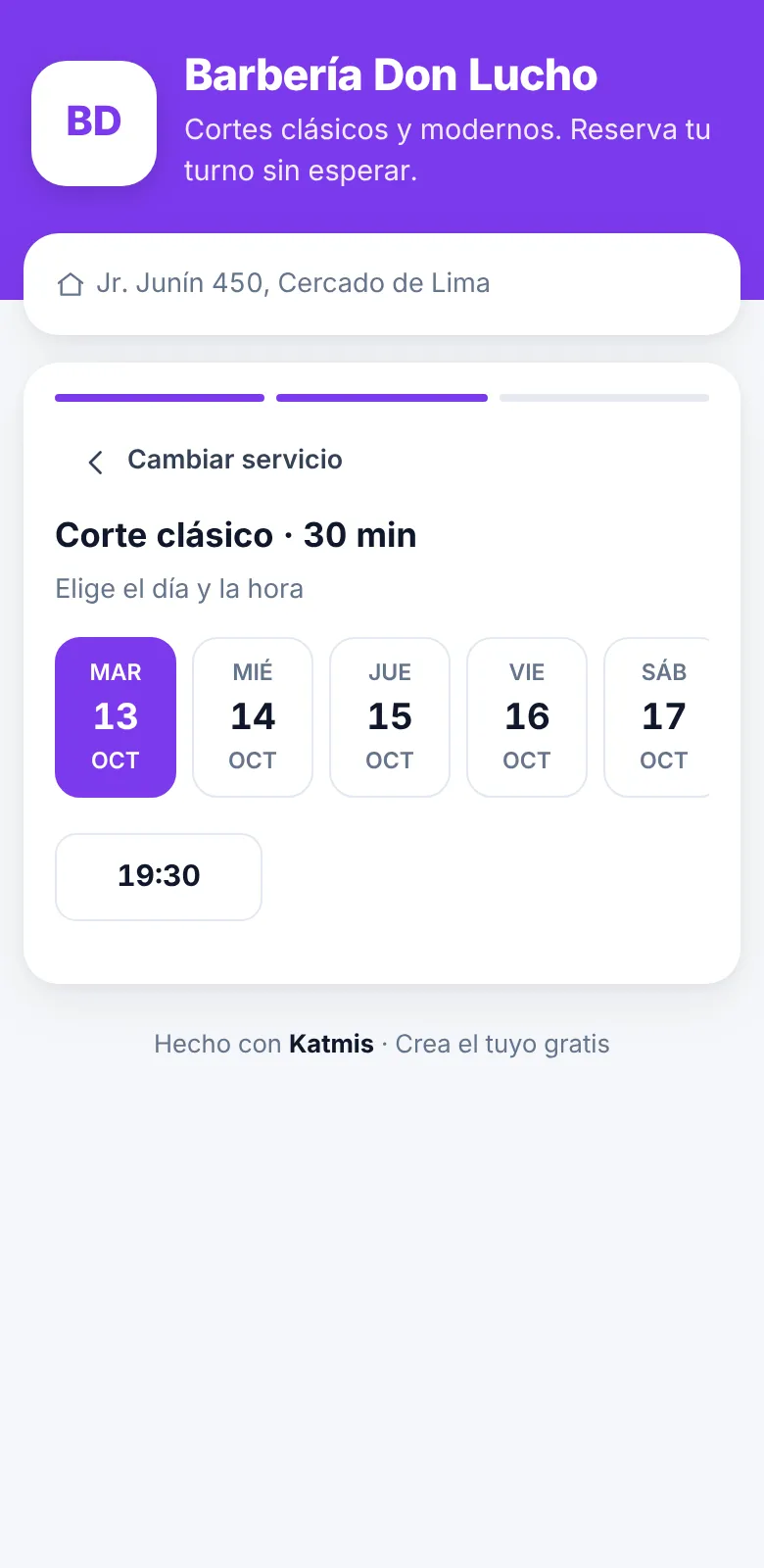Página de reservas con días y horas disponibles